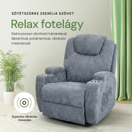 Elektromos relax fotelágy 8 pontos masszázs magyar nyelvű távirányítóval, ringató, forgatható rozsdamentes pohártartó zseníla textil szürke - 2