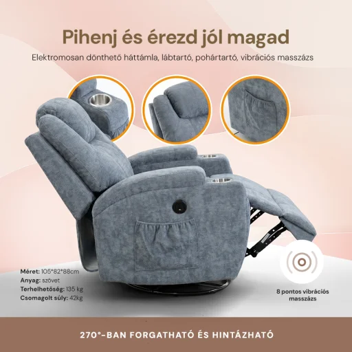 Elektromos relax fotelágy 8 pontos masszázs magyar nyelvű távirányítóval, ringató, forgatható rozsdamentes pohártartó zseníla textil szürke - 3