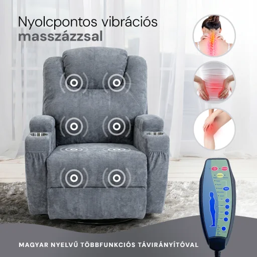 Elektromos relax fotelágy 8 pontos masszázs magyar nyelvű távirányítóval, ringató, forgatható rozsdamentes pohártartó zseníla textil szürke - 5