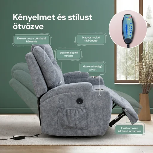 Elektromos relax fotelágy 8 pontos masszázs magyar nyelvű távirányítóval, ringató, forgatható rozsdamentes pohártartó zseníla textil szürke - 6