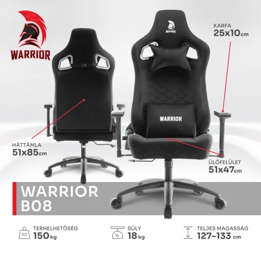 WARRIOR gamer szék, forgószék fekete - bársony szövet (PREMIUM-B08) - 3