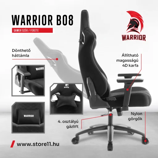 WARRIOR gamer szék, forgószék fekete - bársony szövet (PREMIUM-B08) - 5