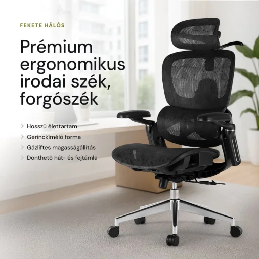 Prémium ergonomikus irodai szék, forgószék, fekete hálós (E05)  - 2