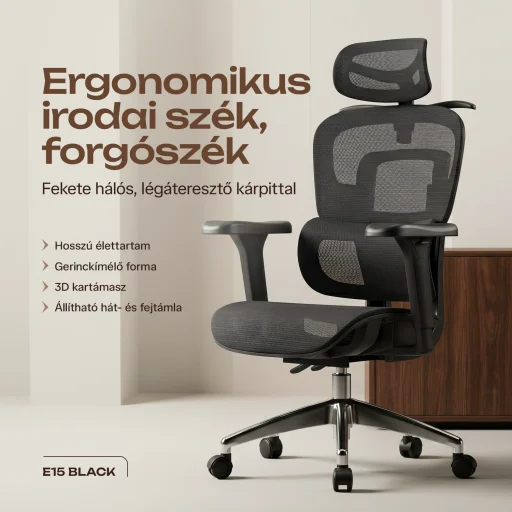 Ergonomikus irodai szék, forgószék, fekete hálós (E15 BLACK) - 2