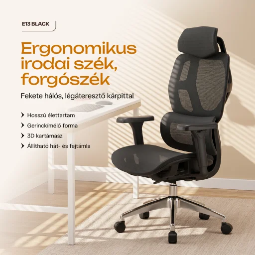Ergonomikus irodai szék, forgószék, fekete hálós (E13 BLACK) - 2