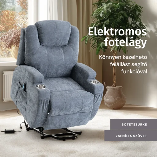 Felállást segítő relax elektromos fotelágy motoros mechanizmus szövet sötétszürke, pohártartóval - 2
