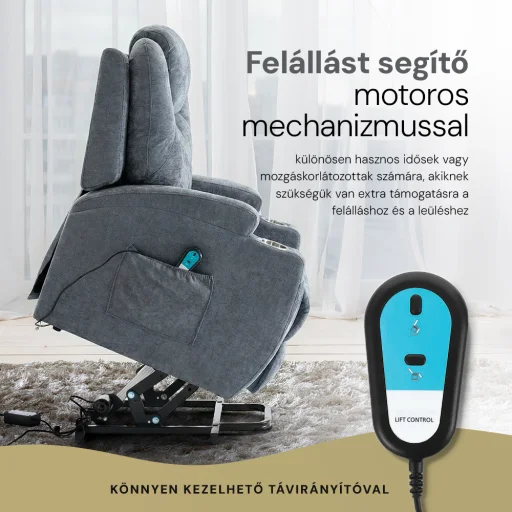 Felállást segítő relax elektromos fotelágy motoros mechanizmus szövet sötétszürke, pohártartóval - 3