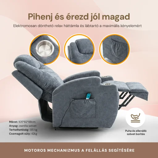 Felállást segítő relax elektromos fotelágy motoros mechanizmus szövet sötétszürke, pohártartóval - 4