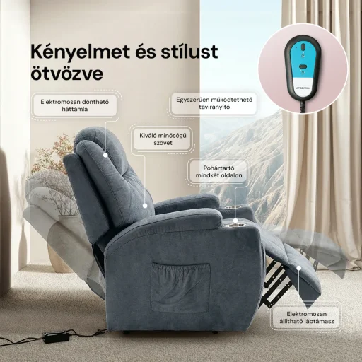 Felállást segítő relax elektromos fotelágy motoros mechanizmus szövet sötétszürke, pohártartóval - 5