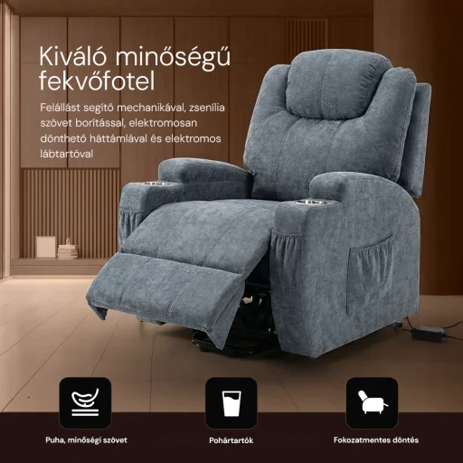 Felállást segítő relax elektromos fotelágy motoros mechanizmus szövet sötétszürke, pohártartóval - 6