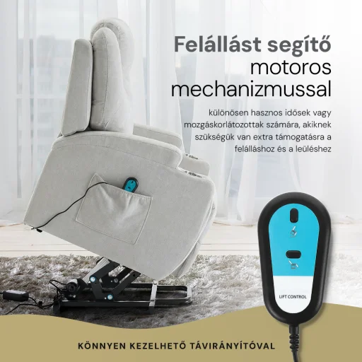 Felállást segítő relax elektromos fotelágy motoros mechanizmus szövet bézs, pohártartóval, masszázzsal, fűtéssel - 3