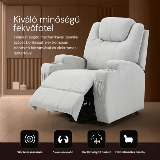 Felállást segítő relax elektromos fotelágy motoros mechanizmus szövet bézs, pohártartóval, masszázzsal, fűtéssel - 4