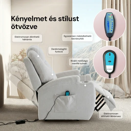 Felállást segítő relax elektromos fotelágy motoros mechanizmus szövet bézs, pohártartóval, masszázzsal, fűtéssel - 6