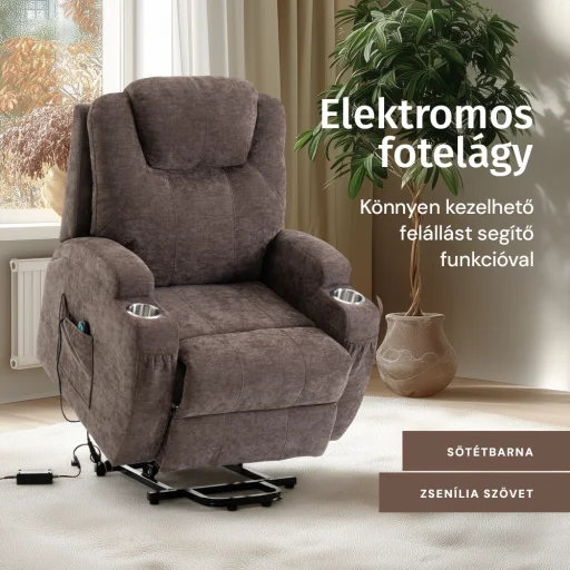Felállást segítő elektromos relax fotelágy motoros mechanizmus szövet sötétbarna, pohártartóval - 2