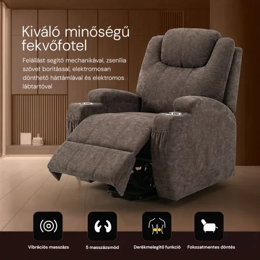 Felállást segítő relax elektromos fotelágy motoros mechanizmus szövet sötétbarna, pohártartóval, masszázzsal, fűtéssel - 6