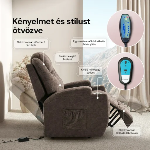 Felállást segítő relax elektromos fotelágy motoros mechanizmus szövet sötétbarna, pohártartóval, masszázzsal, fűtéssel - 7