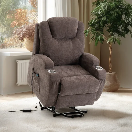 Felállást segítő elektromos relax fotelágy motoros mechanizmus szövet sötétbarna, pohártartóval - 1