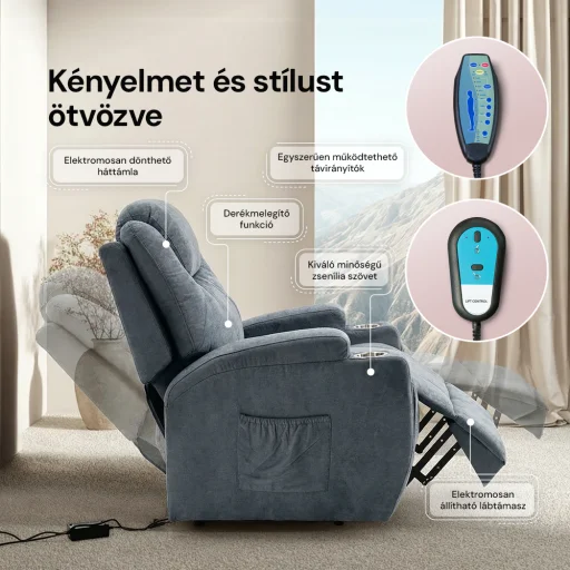 Felállást segítő relax elektromos fotelágy motoros mechanizmus szövet sötétszürke, pohártartóval, masszázzsal, fűtéssel - 6