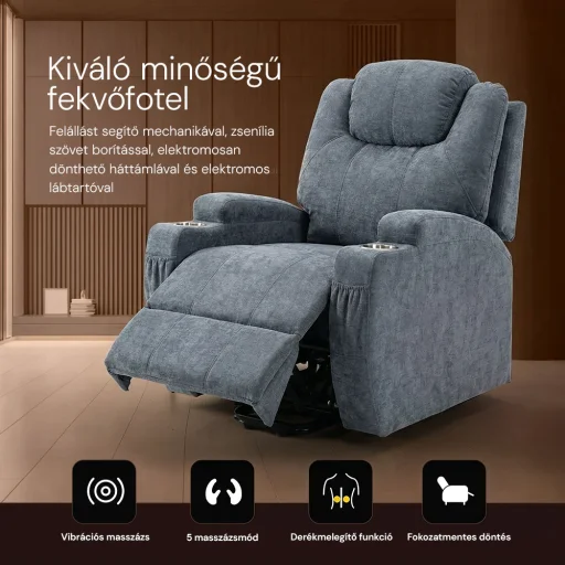 Felállást segítő relax elektromos fotelágy motoros mechanizmus szövet sötétszürke, pohártartóval, masszázzsal, fűtéssel - 4