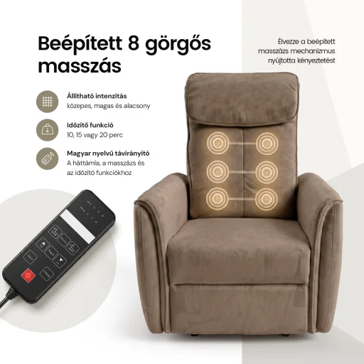 Elektromos relax fotel görgős masszázzsal barna, magyar nyelvű távirányító szövet - 3