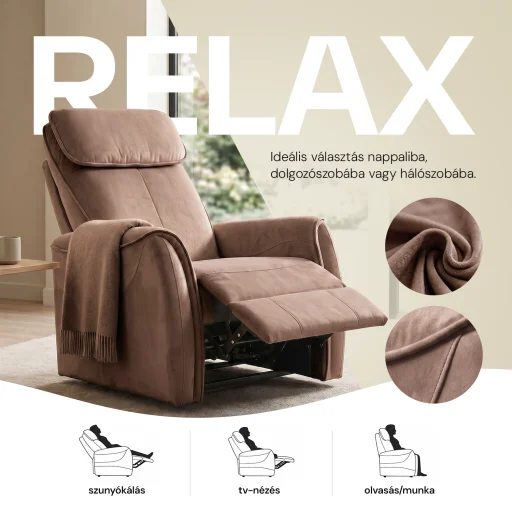 Elektromos relax fotel görgős masszázzsal barna, magyar nyelvű távirányító szövet - 4
