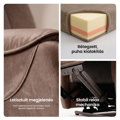 Elektromos relax fotel görgős masszázzsal barna, magyar nyelvű távirányító szövet - 7