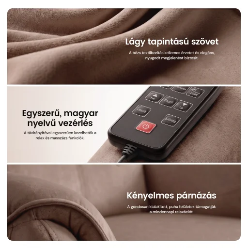 Elektromos relax fotel görgős masszázzsal barna, magyar nyelvű távirányító szövet - 10