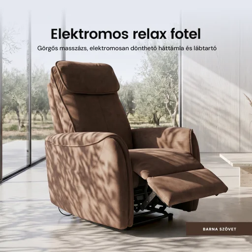 Elektromos relax fotel görgős masszázzsal barna, magyar nyelvű távirányító szövet - 2