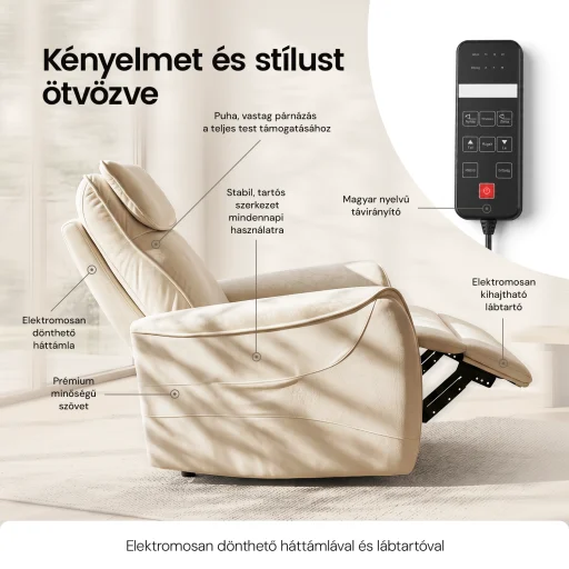 Elektromos relax fotel görgős masszázzsal bézs, magyar nyelvű távirányító szövet - 5