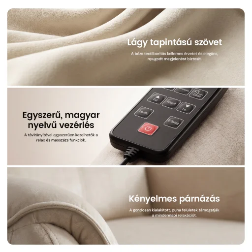 Elektromos relax fotel görgős masszázzsal bézs, magyar nyelvű távirányító szövet - 10