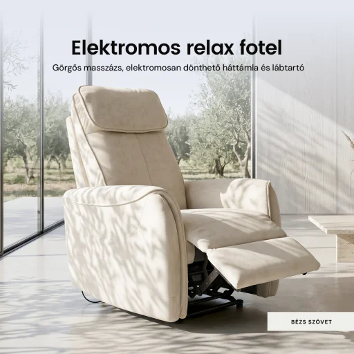 Elektromos relax fotel görgős masszázzsal bézs, magyar nyelvű távirányító szövet - 2
