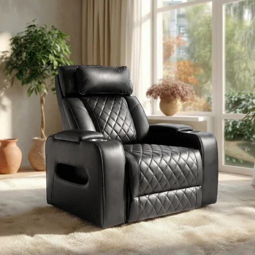 Luxus elektromos relax fotel, lábtartóval, pohártartóval, világítással AirLeather fekete - 1