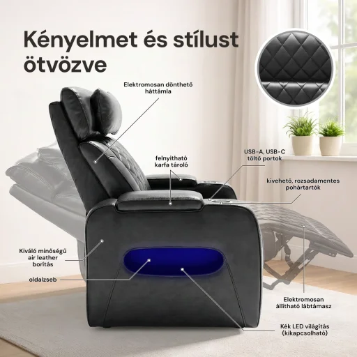 Luxus elektromos relax fotel, lábtartóval, pohártartóval, világítással AirLeather fekete - 4