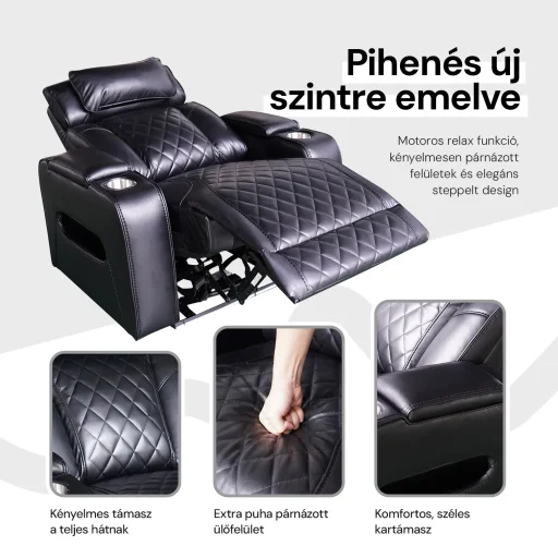 Luxus elektromos relax fotel, lábtartóval, pohártartóval, világítással AirLeather fekete - 5