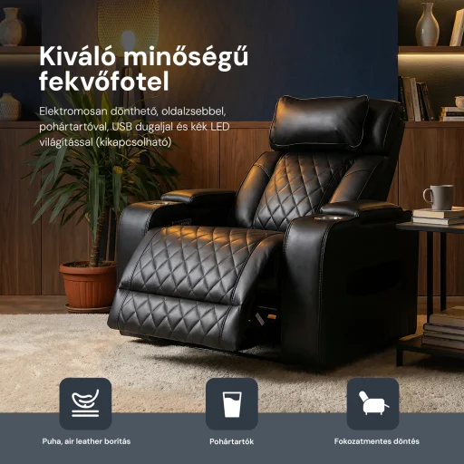 Luxus elektromos relax fotel, lábtartóval, pohártartóval, világítással AirLeather fekete - 6