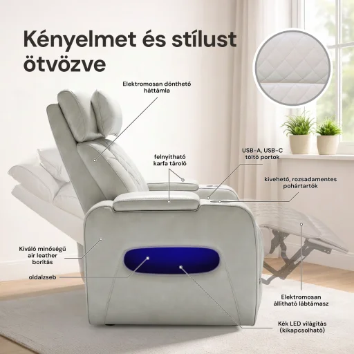 Luxus elektromos relax fotel, lábtartóval, pohártartóval, világítással AirLeather bézs - 4