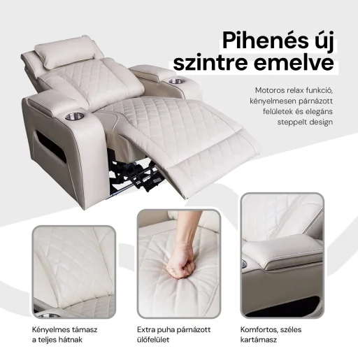 Luxus elektromos relax fotel, lábtartóval, pohártartóval, világítással AirLeather bézs - 6