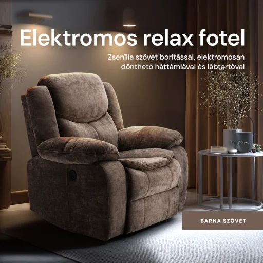 Elektromosan dönthető relax fekvőfotel, zsenília szövet (barna) - 2