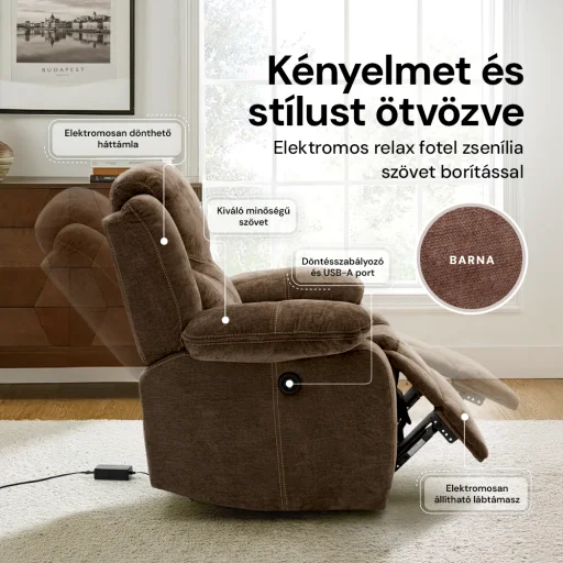 Elektromosan dönthető relax fekvőfotel, zsenília szövet (barna) - 3