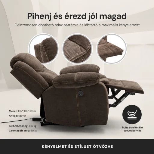 Elektromosan dönthető relax fekvőfotel, zsenília szövet (barna) - 6