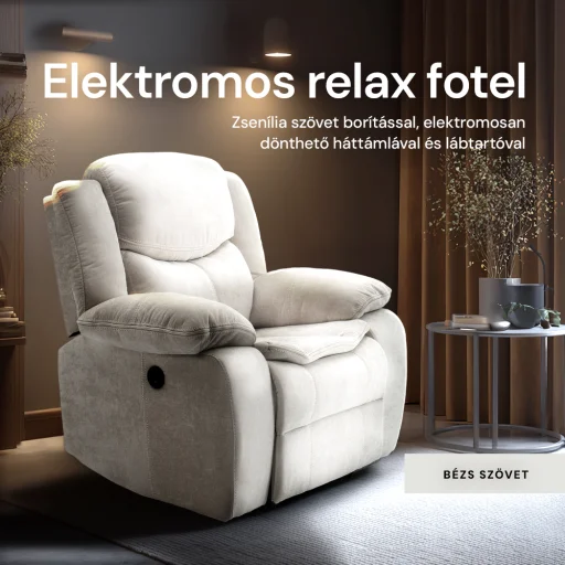 Elektromosan dönthető relax fekvőfotel, zsenília szövet (bézs)  - 2