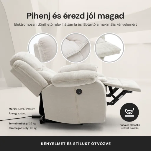 Elektromosan dönthető relax fekvőfotel, zsenília szövet (bézs)  - 4