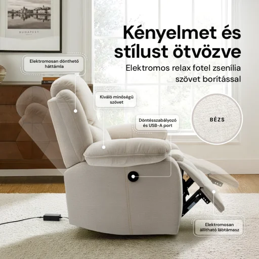Elektromosan dönthető relax fekvőfotel, zsenília szövet (bézs)  - 6