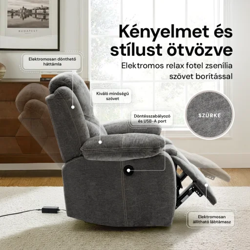 Elektromosan dönthető relax fekvőfotel, zsenília szövet (szürke)  - 4