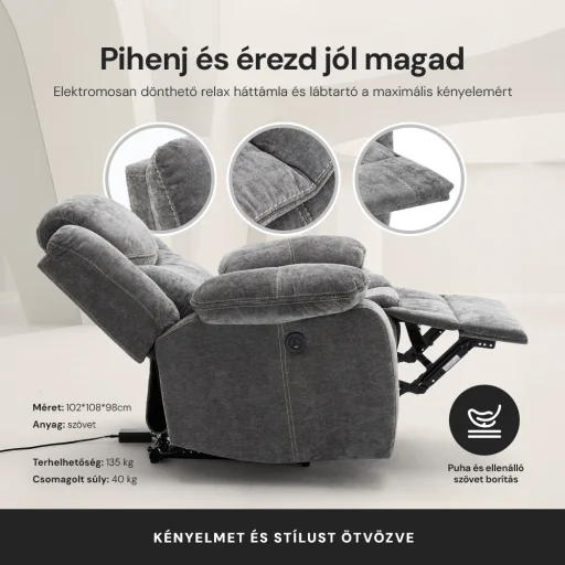 Elektromosan dönthető relax fekvőfotel, zsenília szövet (szürke)  - 6