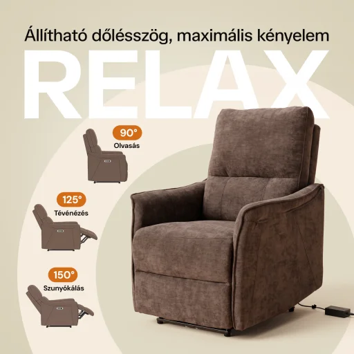 Elektromos, dönthető relax fekvőfotel, zsenília szövet (barna)  - 3