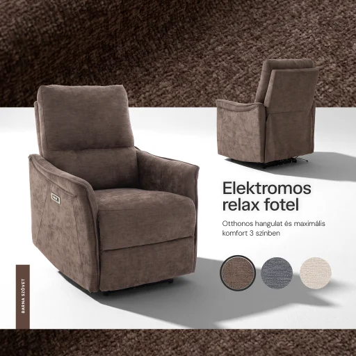 Elektromos, dönthető relax fekvőfotel, zsenília szövet (barna)  - 4