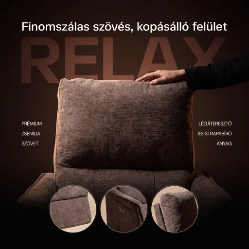 Elektromos, dönthető relax fekvőfotel, zsenília szövet (barna)  - 6