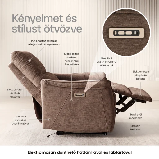 Elektromos, dönthető relax fekvőfotel, zsenília szövet (barna)  - 7
