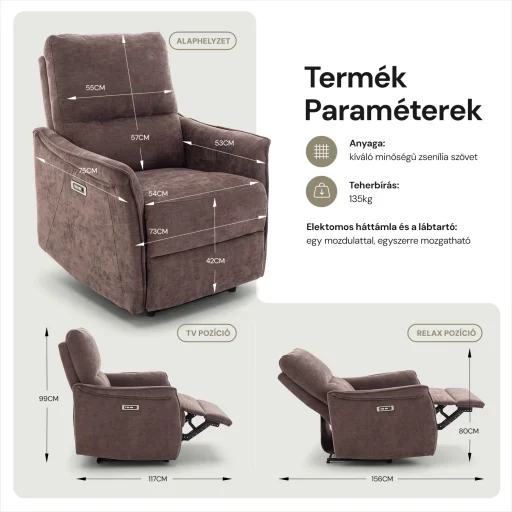 Elektromos, dönthető relax fekvőfotel, zsenília szövet (barna)  - 11